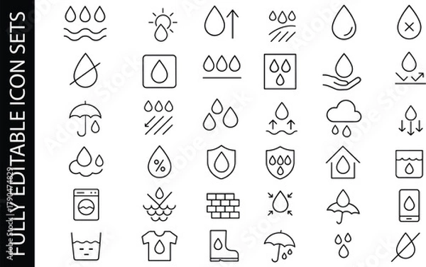 Fototapeta Set of water drop and humidity outline icons with rain, moisture, waterproof and climate symbols for weather or laundry design