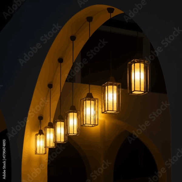 Obraz Minimalist Vector Illustration of Hanging Lanterns in Warm Light for Interior Decor Modern Style
