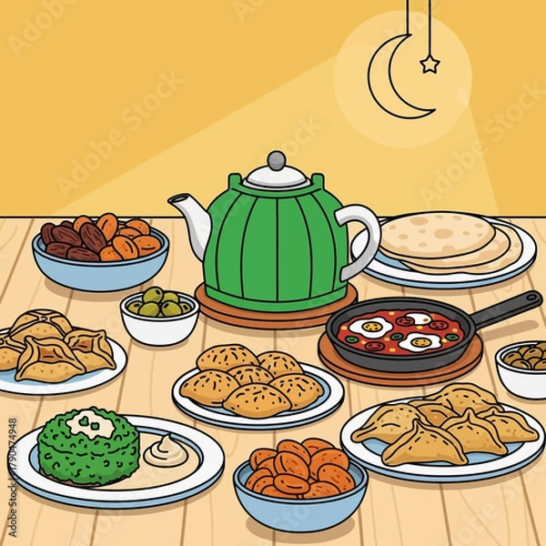 Obraz Vector Illustration of Breakfast Scene with Food Items and Teapot in Modern Style