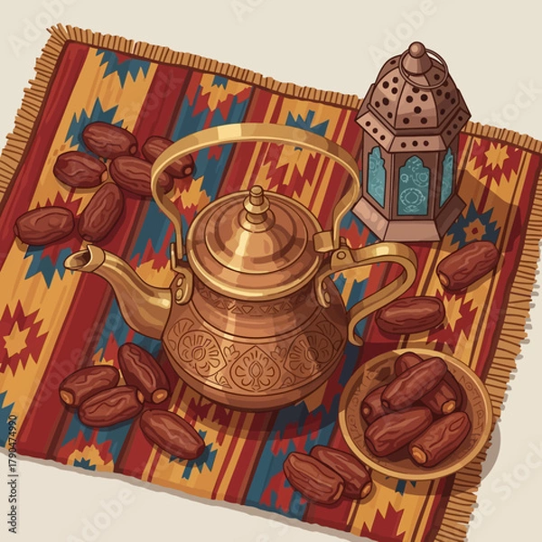 Obraz Vector Illustration of Middle Eastern Tea Set with Dates on Ornate Rug in Vintage Style
