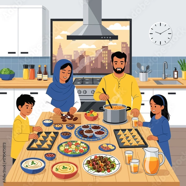 Obraz Vector Illustration of Family Cooking Scene in Modern Flat Style with Kitchen Elements and Food Items