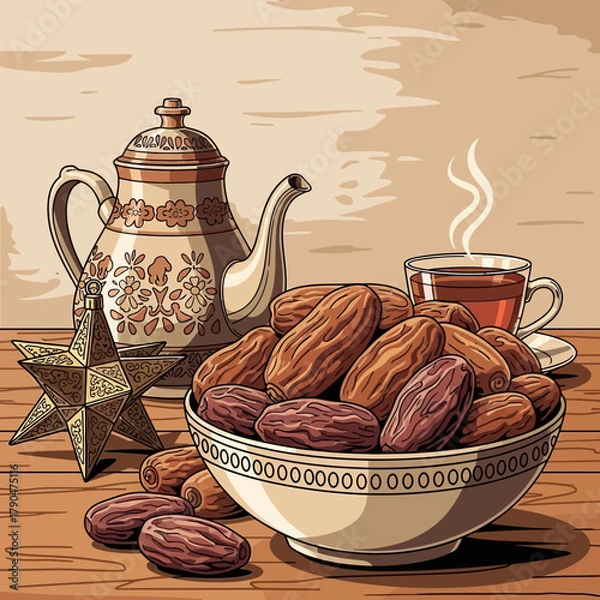 Obraz Vector Illustration of Traditional Tea Scene with Date Fruits and Decorative Star in Vintage Style with Warm Earth Tones
