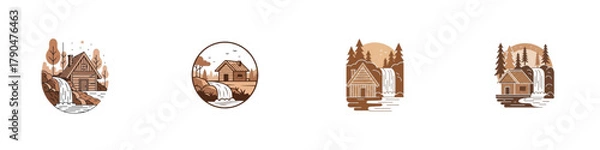 Obraz Illustrative wooden house designs in stylized round shapes  