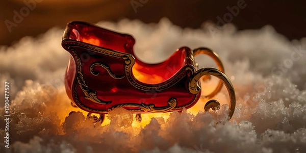 Fototapeta Decorative red sleigh with ornate gold details on snowy surface illuminated by warm festive light