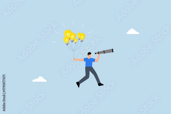 Fototapeta Business ideas, businessman flying with lightbulb balloons and telescope.