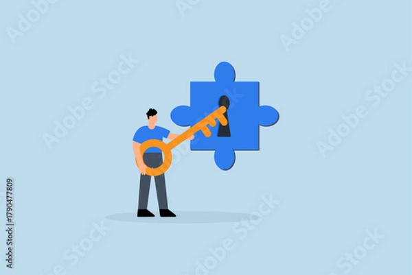 Fototapeta businessman turn key into jigsaw puzzle keyhole.