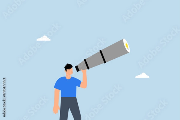 Fototapeta Product discovery, entrepreneur peers through telescope to discover bright idea.