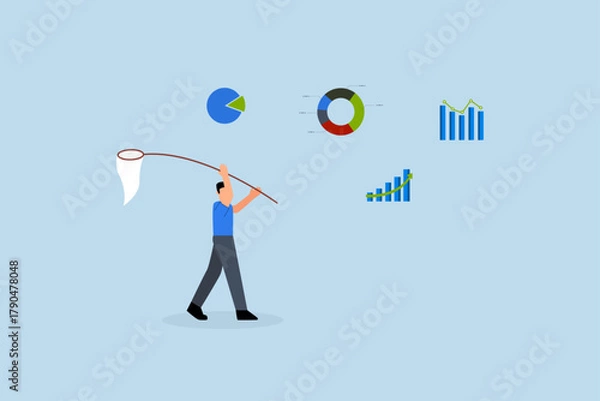 Fototapeta Collect data, businessman catch data graph and chart with butterfly net.