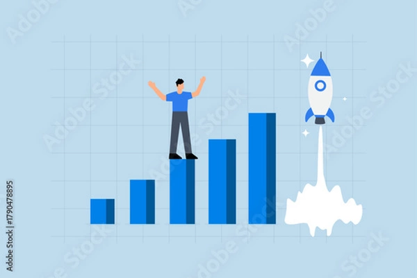 Fototapeta Boost rocket to business growing fast, businessman on growth chart launching rocket.