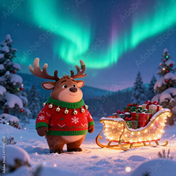Obraz Cartoon reindeer wearing sweater standing by sleigh with gifts in snow  
