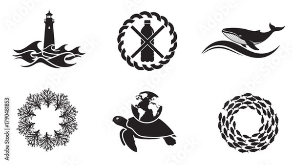 Obraz ocean and marine conservation silhouettes collection minimal black eco sea life protection vector icon set