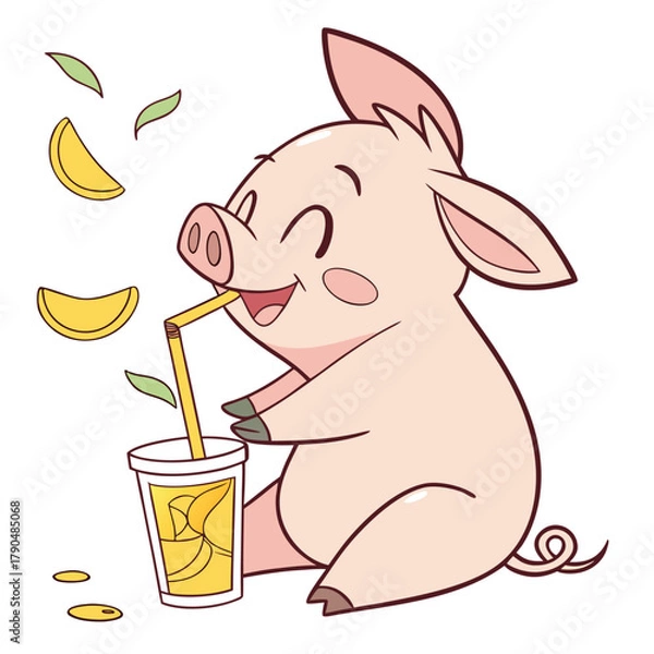 Fototapeta Happy cartoon piglet enjoying a refreshing drink with fruit slices cute animal