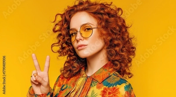 Obraz Stylish redhead woman showing peace sign on yellow background
