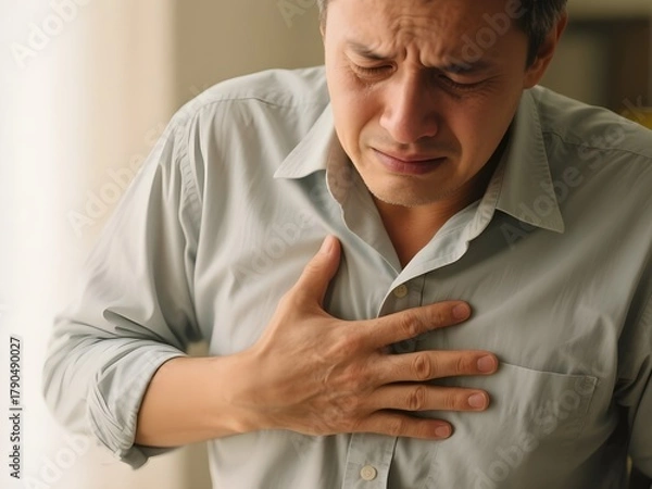 Fototapeta Adult man touching his left chest showing heart attack gesture
