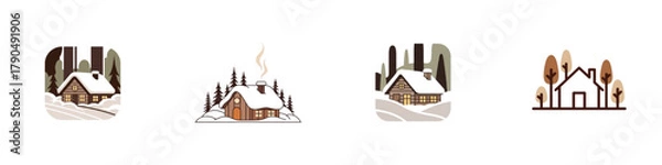 Fototapeta Winter cabin icons with trees and snow in flat design style  