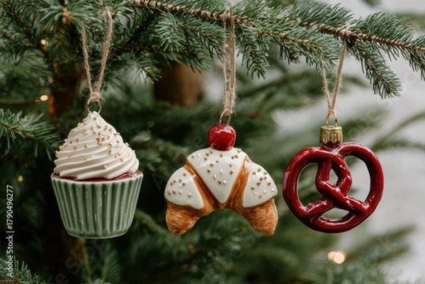Fototapeta Three creative Christmas ornaments shaped like a cupcake, croissant with cherry, and pretzel hang from a pine tree branch with a blurred green background