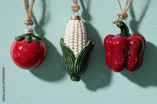 Fototapeta Three glossy Christmas ornaments shaped like a tomato, corn on the cob, and red bell pepper hang on twine against a soft aqua-colored wall background