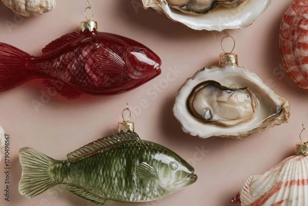 Fototapeta A unique set of Christmas ornaments shaped like fish, oysters, and seashells with detailed textures and glossy finishes arranged on a light neutral background