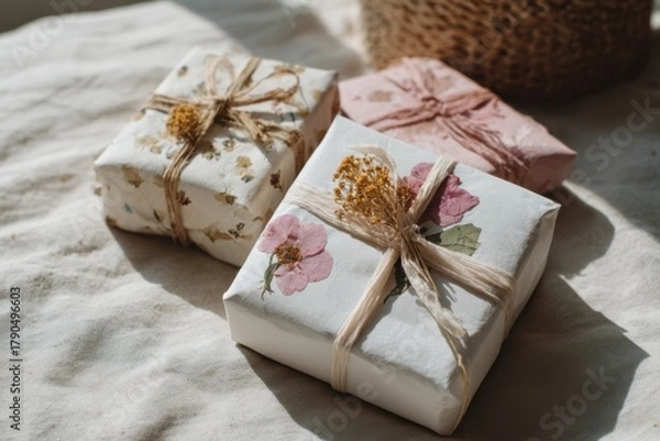 Fototapeta Three beautifully wrapped gifts in floral handmade paper with natural twine and pressed flowers are arranged on a neutral cloth in soft sunlight