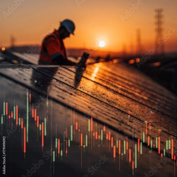 Fototapeta Harnessing the sun: the future of renewable energy solutions. Investment charts. Innovative solar energy installation scene at daybreak. Stock movement. Crypto market.