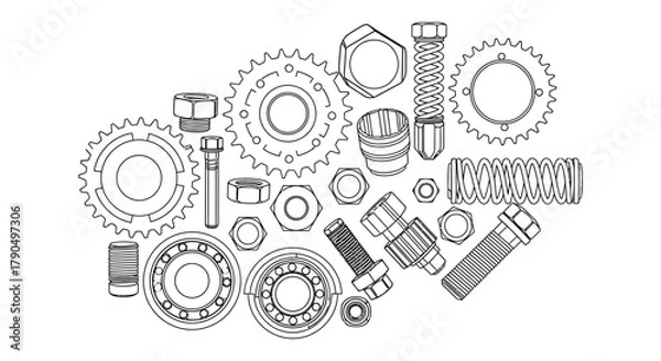 Fototapeta Outline drawing of mechanical parts including gears and fasteners