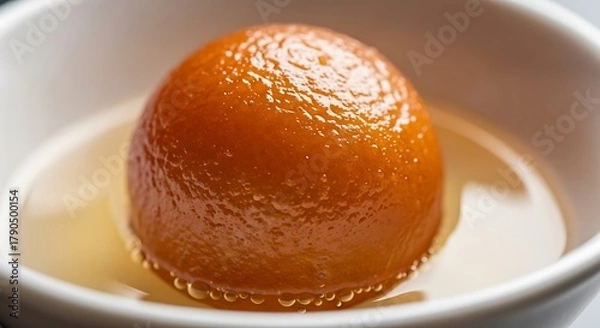 Fototapeta Sweet Delights: A close-up showcases a single, glistening Gulab Jamun, a classic Indian dessert, gently nestled in a pool of syrup. Capturing the dessert's delightful texture and irresistible appeal.