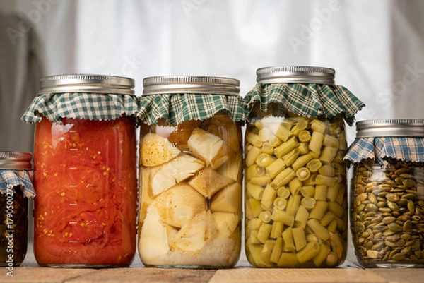 Obraz Food harvested and preserved by canning in glass jars.  Potatoes, tomatoes, beans, salsa, and pumpkin seeds.