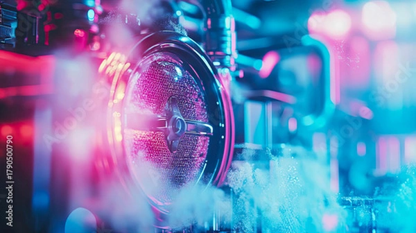 Obraz Futuristic industrial mechanism bathed in glowing magenta and electric blue light, featuring detailed central wheel with granular texture and plumes of illuminated mist, representing cutting-edge inno