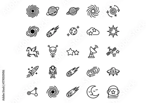 Fototapeta Cosmic Vector Icons: Galaxy & Space Elements, Black & White Space Vector Line Art Collection, Astronomy and Galaxy Iconography Set