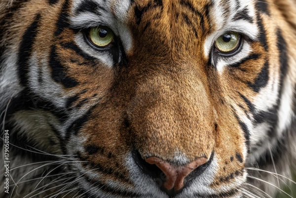 Obraz Beautiful tigr, portrait shot, close up of face, green eyes, great details, high quality photo, 8K