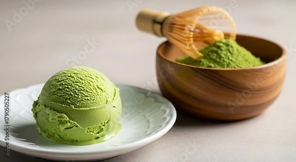 Fototapeta Delicious green matcha ice cream scoop served with traditional bamboo whisk and matcha powder in a wooden bowl a perfect summer dessert