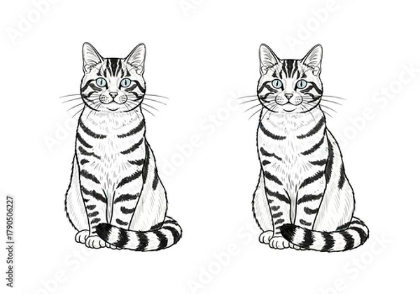 Obraz Two blackandwhite striped tabby cats with blue eyes sitting