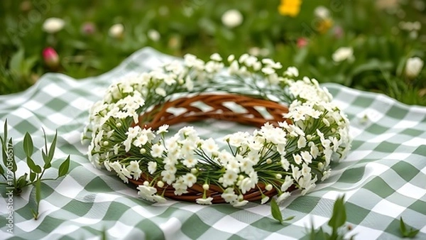 Obraz woodruff. Spring picnic scene with a woodruff flower wreath on a checkered blanket outdoors. lifestyle magazines, social media lookbooks, designed for influencer and brand collaborations.