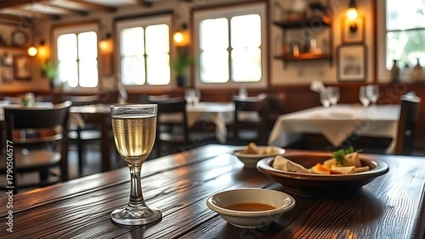 Obraz ouzo. Traditional Greek taverna setting with ouzo glass and meze on wooden table. lifestyle magazines, social media lookbooks, designed for influencer and brand collaborations, drives engagement.