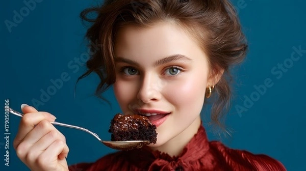 Fototapeta A young lady is enjoying a piece of chocolate cake slice