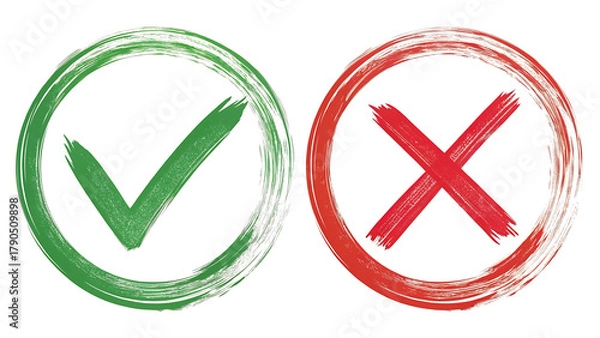 Obraz Hand-Drawn Watercolor Green Tick and Red X Symbols with Grunge Style