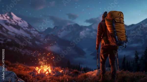 Obraz Hiker with backpack standing on mountain ridge at sunrise
Traveler enjoying mountain view during adventure trip