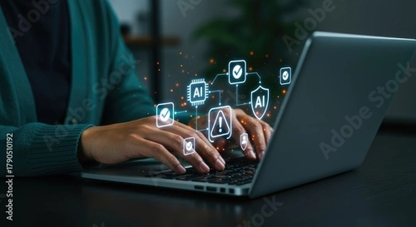 Fototapeta AI security system on laptop artificial intelligence cybersecurity data protection information technology typing internet network
