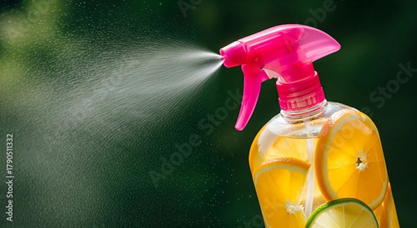 Obraz Refreshing Citrus Spray Bottle with Orange & Lime Slices Misting Against Green Background