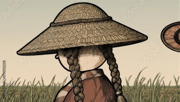 Fototapeta A cartoon drawing depicts a person with pigtails and a large straw hat standing in a field