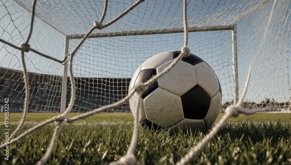 Fototapeta A soccer ball nestled in the net of a goal on a grassy field, stadium in background