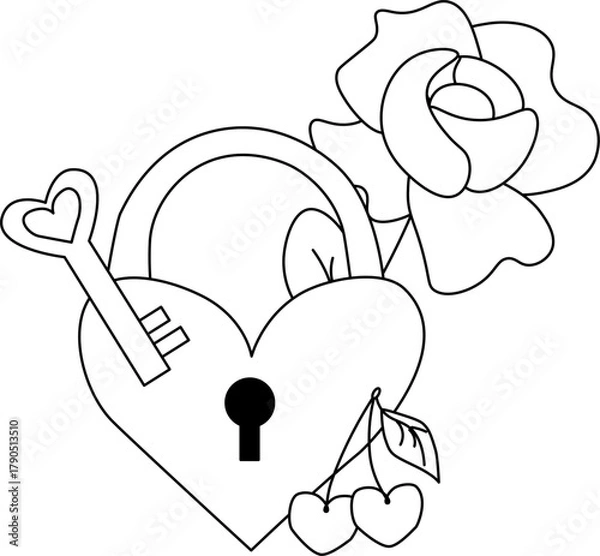 Obraz Heart Shaped Lock, key, rose and cherry Valentine's Day composition. Vector graphic line illustration. design for fashion graphics, textile prints, fabrics, wallpapers.