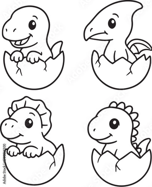 Obraz baby dinosaurs hatching from eggs black and white vector set.eps