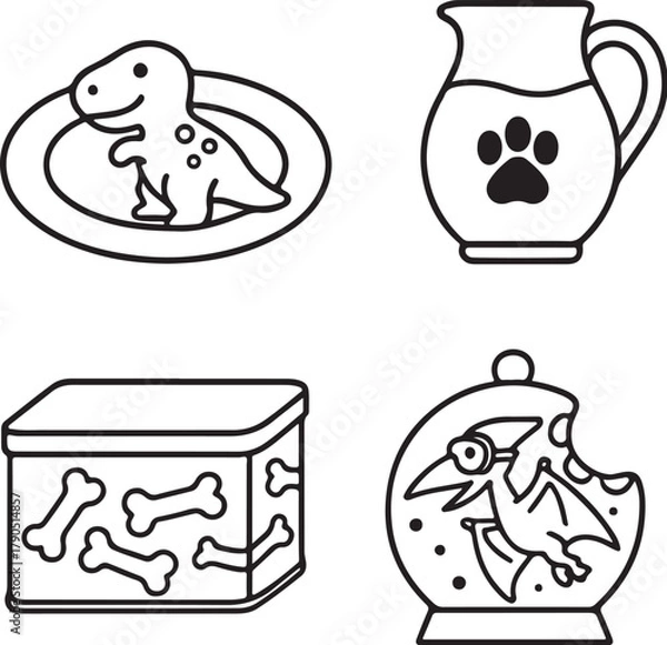 Fototapeta Dinosaur-Themed Dessert Scenes in Black and White Vector.eps