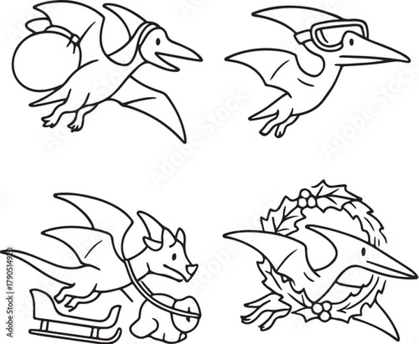 Obraz Pterodactyl Vector Christmas Set with Full Margins.eps