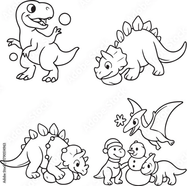 Obraz Dinosaur Snowball Fight Scenes in Black and White Vector.eps