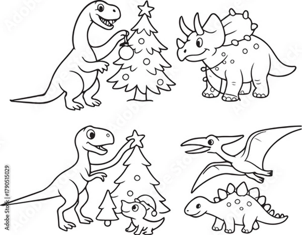 Obraz Christmas Dinosaurs Decorating in Black and White Vector.eps
