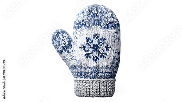 Obraz Cozy winter mitten decorated with snowflake pattern isolated on white background