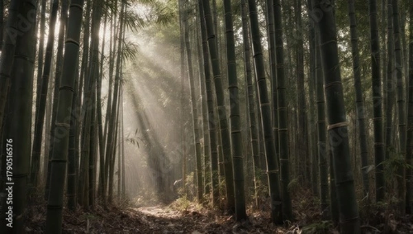 Fototapeta A path winds through a dense bamboo forest, sunlight streaming through the stalks
