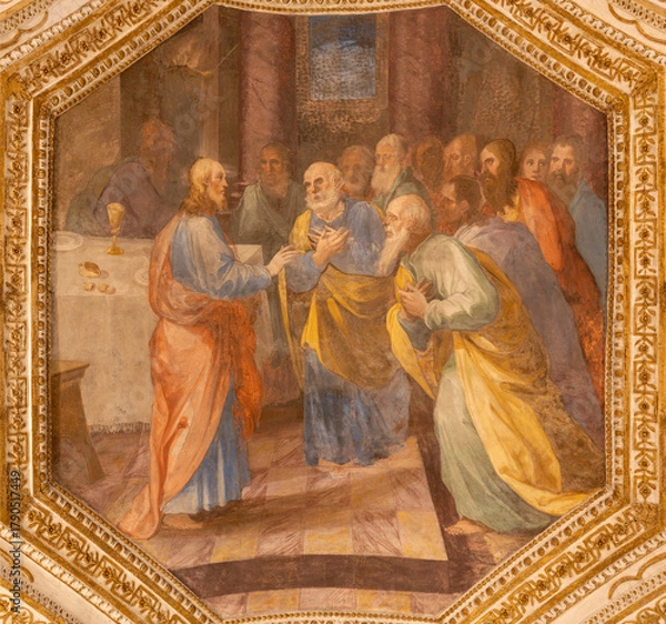 Fototapeta AMALFI, ITALY - OCTOBER 3, 2025: The baroque fresco of "Very truly I tell you, one of you is going to betray me." in the Domo by Vincenzo De Pino  from 17. cent.